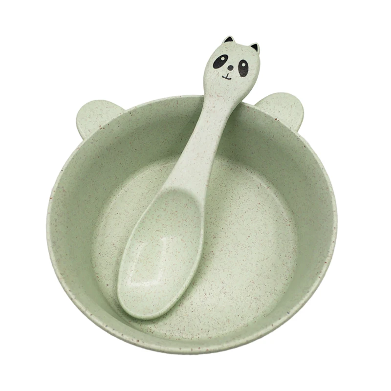 Green Panda Set 2 шт./компл. для детских бутылочек, Еда посуда пшеницы с мультипликационным принтом в виде милых ушек детская посуда для еды набор посуды с защитой от перегрева обучение чаша+ ложка - Цвет: Green Panda Set