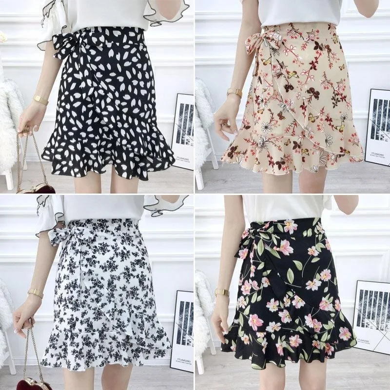 

2021 Summer Women's Sweet Sexy Floral Printed Chiffon Mini Skirt Ruffle Lace-up Bow Short Skirts Elegant Jupe Femme Y75