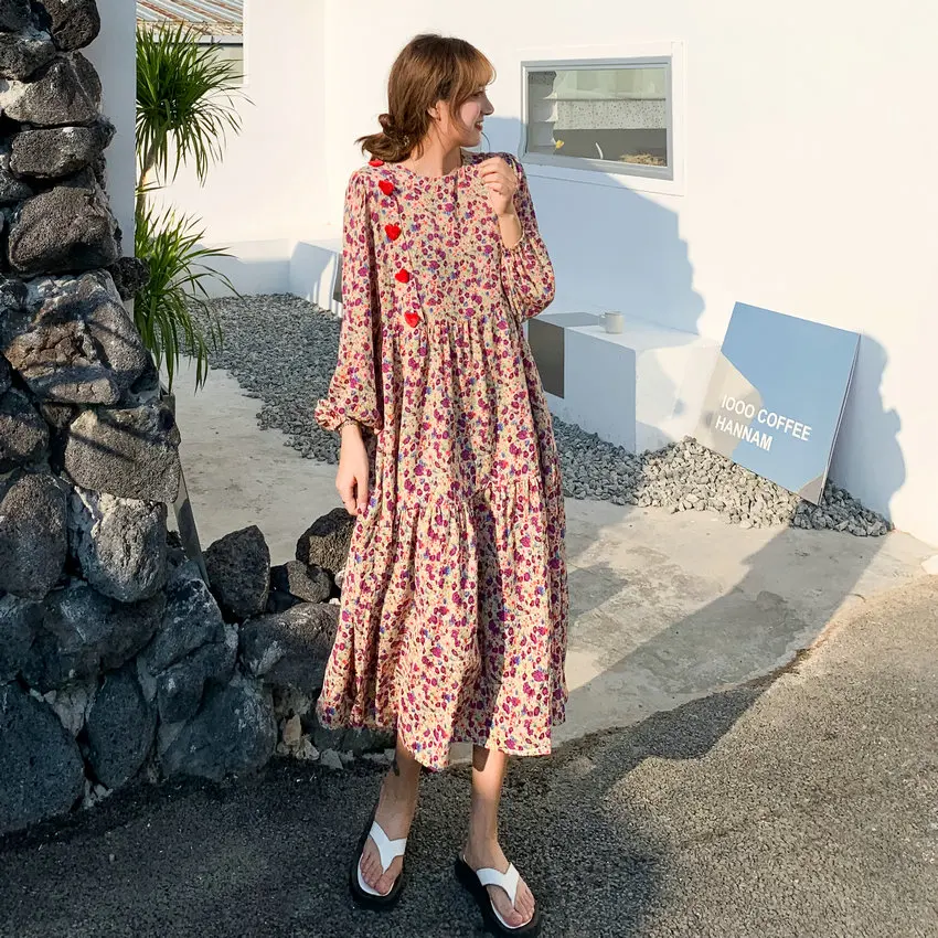 

2021 Spring Pink Flower Dress Women Korean Style Heart Pattern Button Design Long Sleeve Loose Fitting One Piece Dresses Fashion