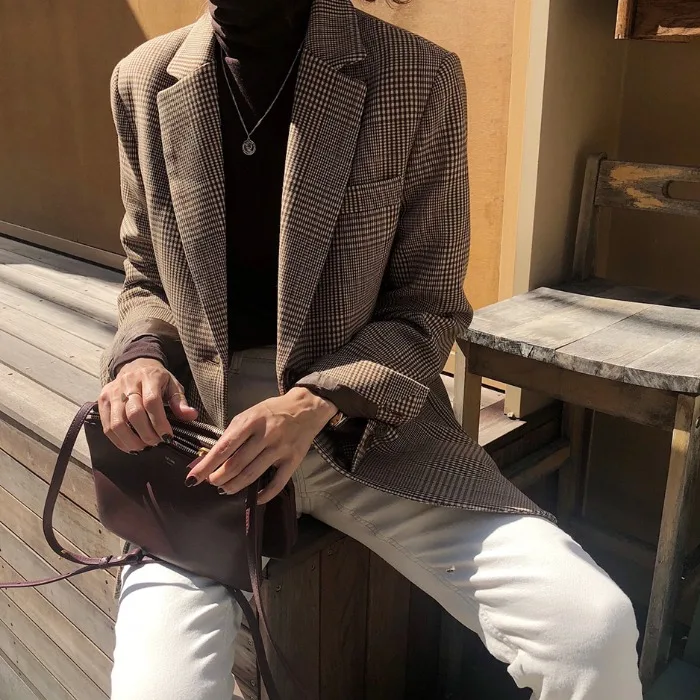 Осенние женские блейзеры и куртки в винтажном стиле с карманом клетку зубчатым