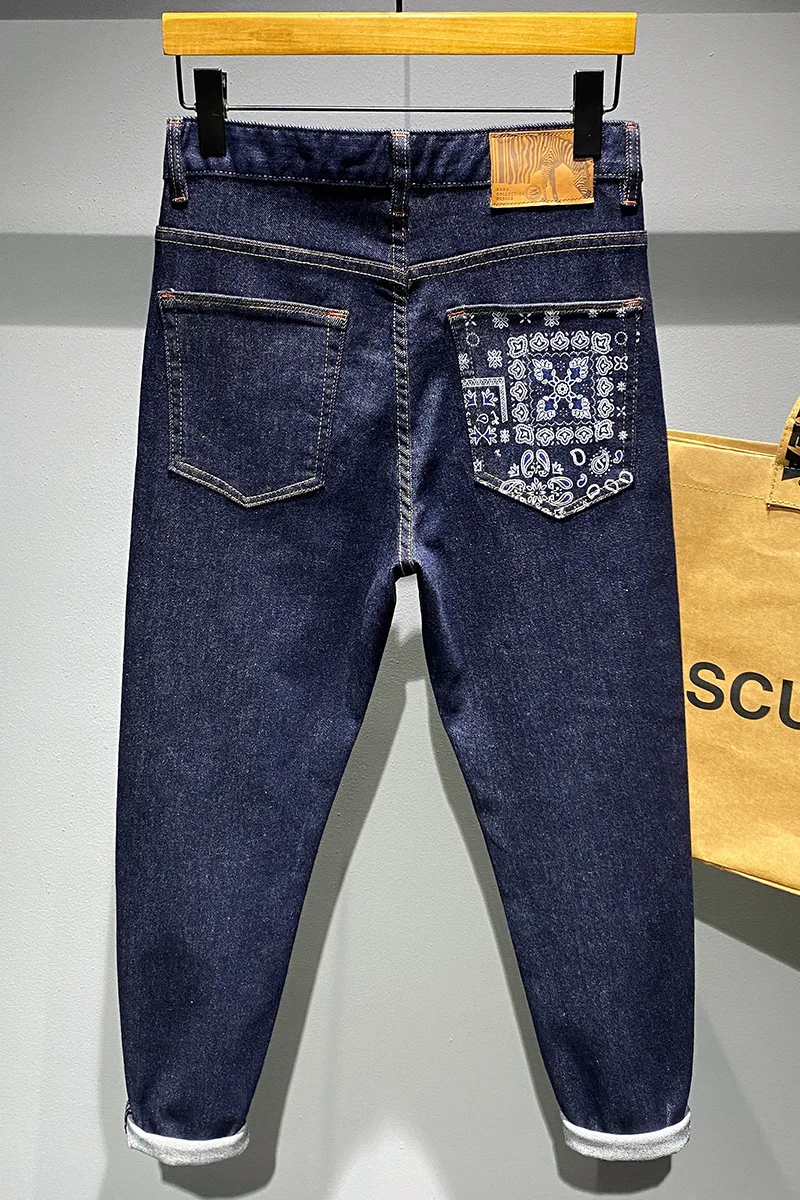 New Autumn/Winter Men's Korean Casual Slim Blue Jeans High-quality Printed Stretch Straight-leg Jeans Pants Plus Size 36 38