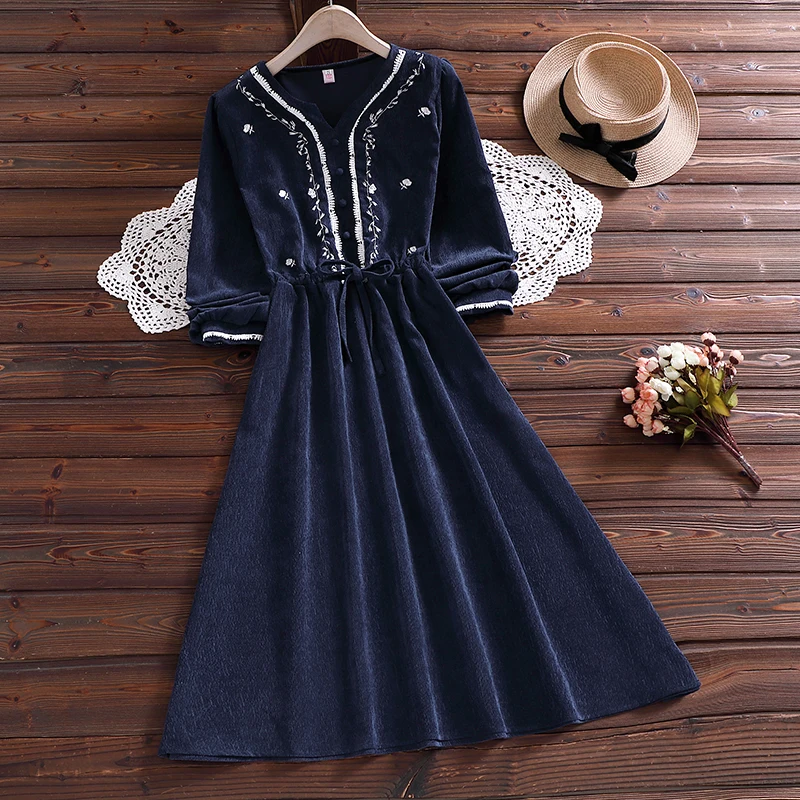 

Mori girl eleagnt corduroy dress autumn fashion long sleeve dress for women