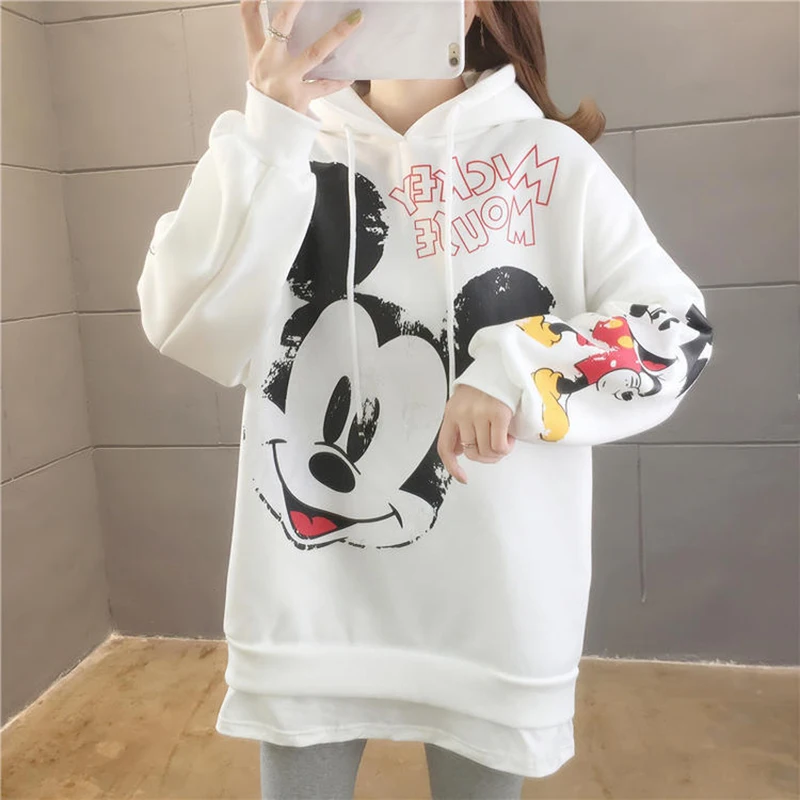 

Disney Sweater Women Vintage Fake Two Mickey Minnie Mouse Smiley Avatar Hoodie Long Sleeve Tops Girl Cotton Kawaii T-shirt Tops