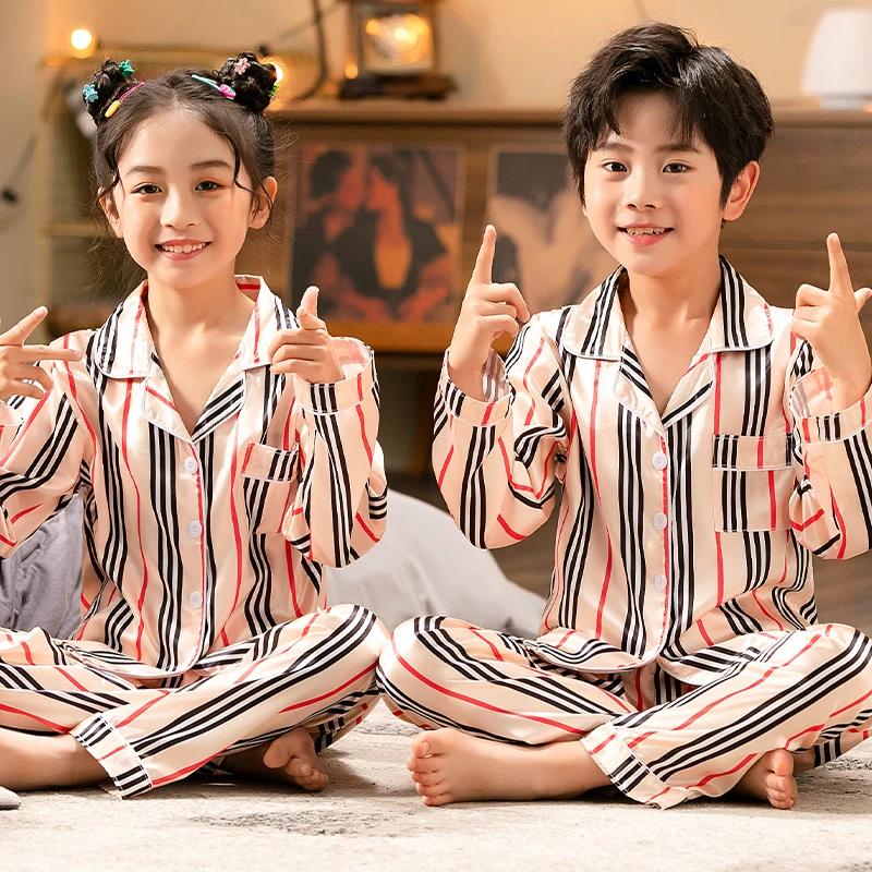 

Лидер продаж, детская Шелковая пижама JRMISSLI, костюм из 2 предметов, штаны с длинным рукавом и отложным воротником, одежда для сна, одежда для с...