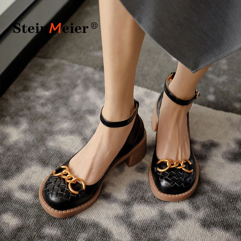 

Ankle Strap Women Pumps Genuine Leather Thick Heels Shoes Round Toe Metal Decoration Dress Shoes High Heel Footwear 2021