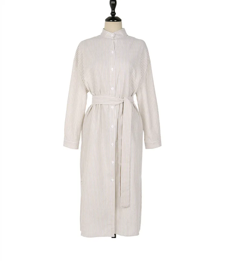 

2020 New Women's Spring And Autumn Dress Elegant Casual Blue Striped Dress Cotton And Linen Lace Up Single Breated Split Dress