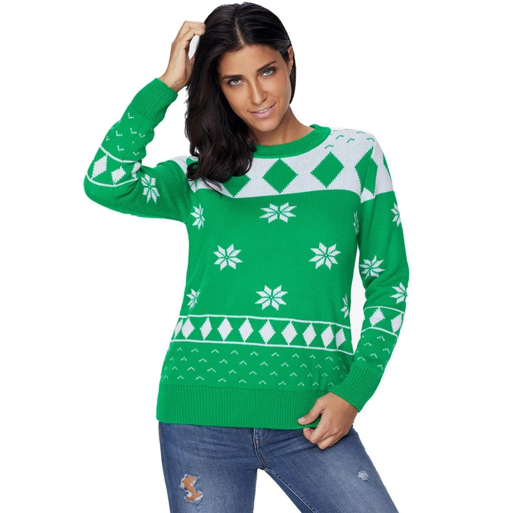Зимний Рождественский женский свитер со снежинками вязаный пуловер с длинным