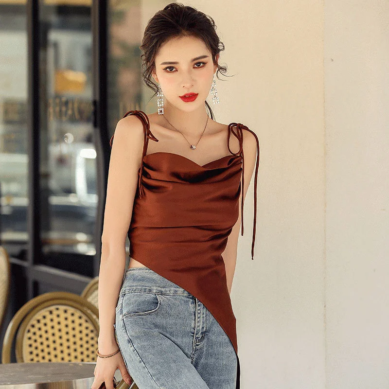 

2021 summer new one shoulder Satin irregular lace up one piece suspender vest women's pleated top