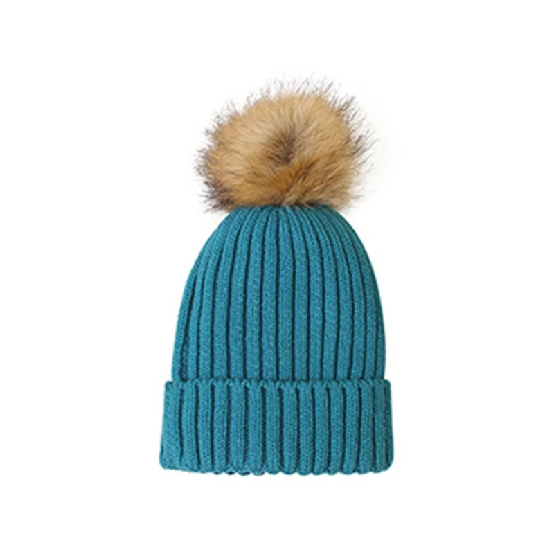 

Children Girls Boys Knitted Solid Color Hemming Hat Winter Warm Baby Cap Fur Ball Pompom Beanies