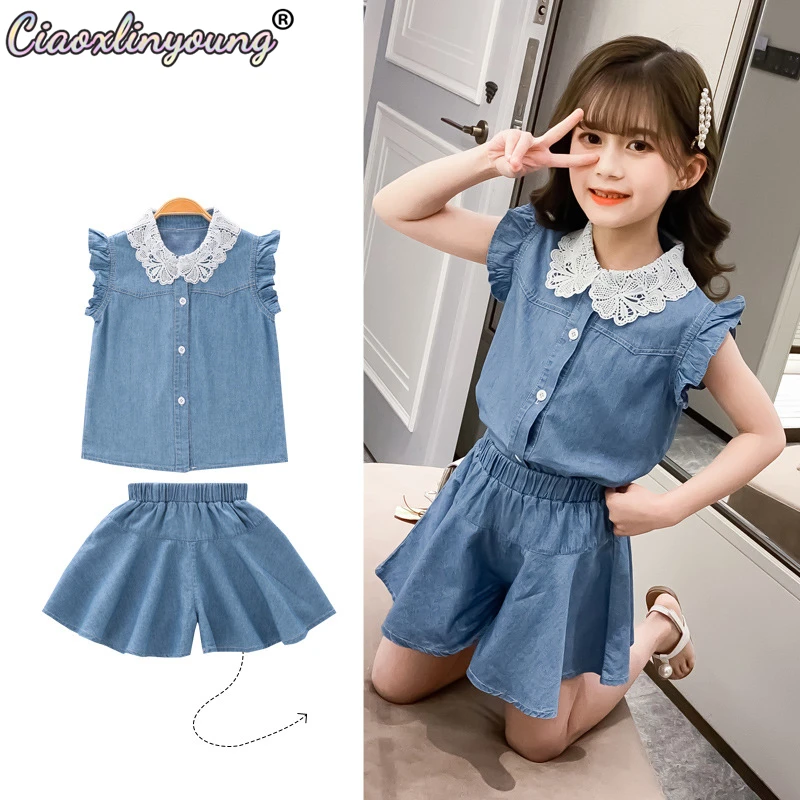 

Ciaoxlinyoung New Teen Girl Sets Sleeveless Shirt+Short Skirt Lace Collar Denim Suit Casual Denim Suit 2PCS Pants Suit 3-15Years
