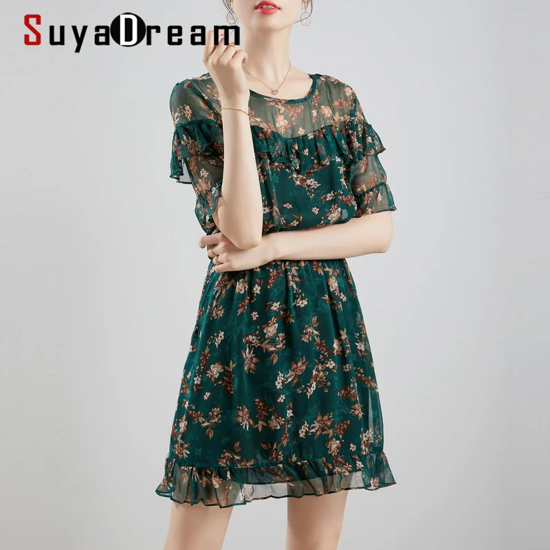 Женское платье с цветочным принтом SUYADREAM Пляжное Платье из 100% шелка оборками и
