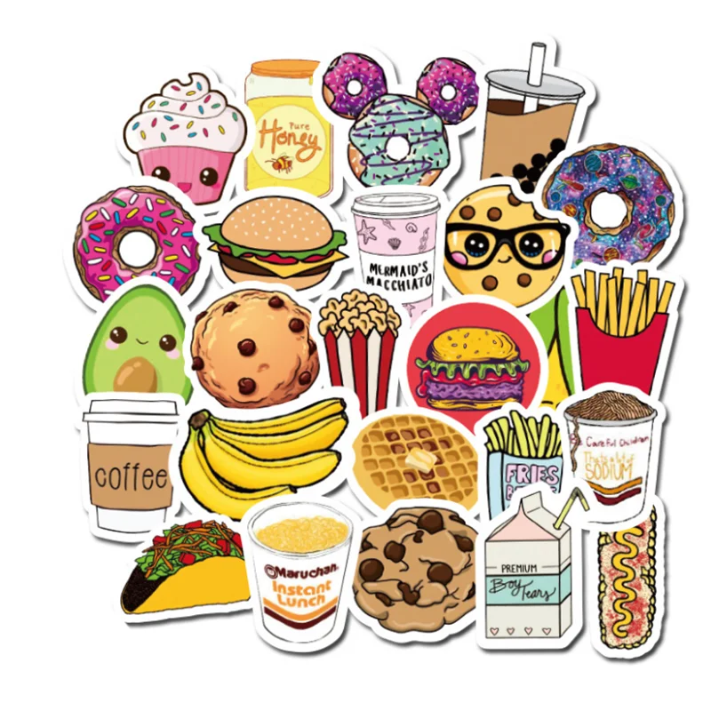 

10/30/50PCS creative fast food cute cartoon doodle toy guitar notebook phone waterproof sticker decoration wholesale