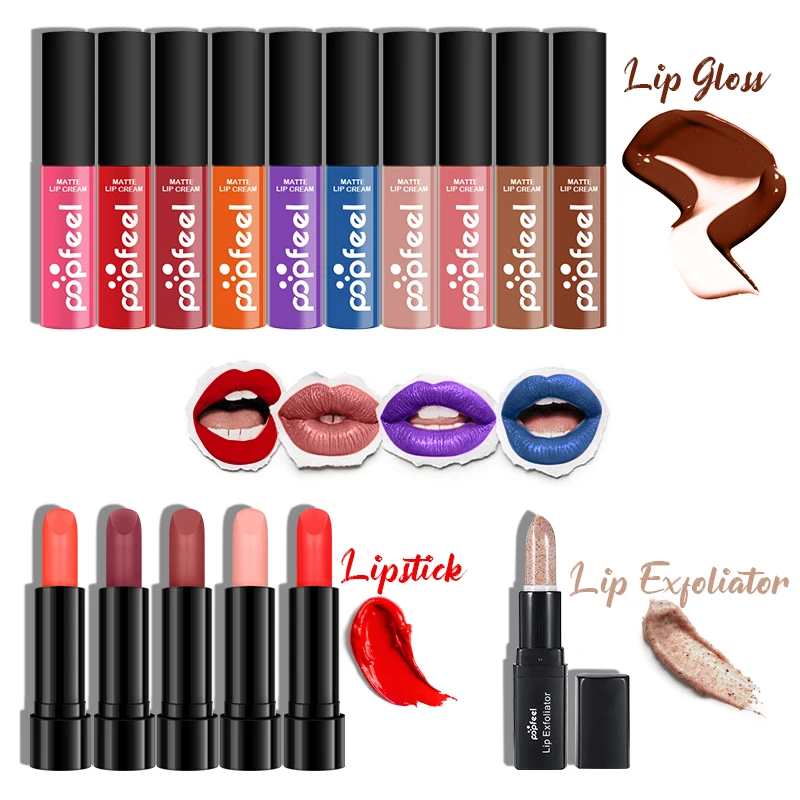 

POPFEEL 16-piece Lips Makeup Set Lip Gloss Lipstick Scrub Rich Colors Long-lasting Waterproof Portable Full Starter Makeup Kit