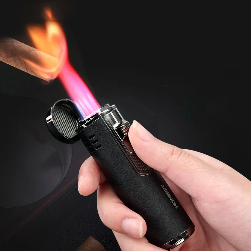 

Metal Cylindrical Inflatable Four Straight Lighter Windproof Red Flame Lighters Cigarette Cigar Cutter Tool
