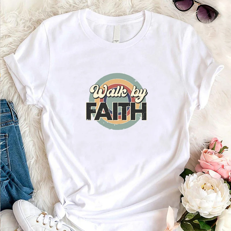

Walk By Faith Christian T Shirts Women Retro Vintage T-shirts Harajuku Religious Faith Hope Love Jesus Clothes Dropshipping Tops