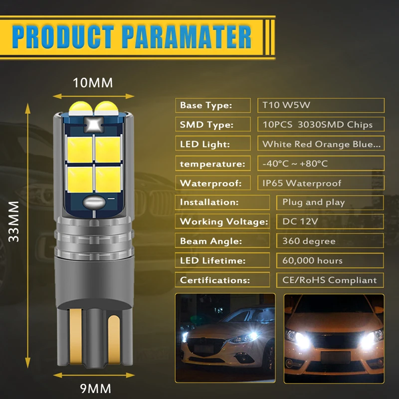 10 шт. T10 W5W Светодиодная CAN-шина без ошибок для салона автомобиля фары Volkswagen Polo Golf 4 5
