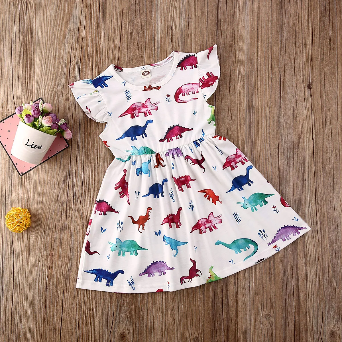 1-6Y Toddler Kids Baby Girl Dress Cartoon Animal Print Ruffles Sleeve Knee Length A-Line Summer Outfits | Детская одежда и обувь