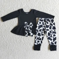 autumn winter girls clothes cow print black long sleeved top and trousers suit kids clothing