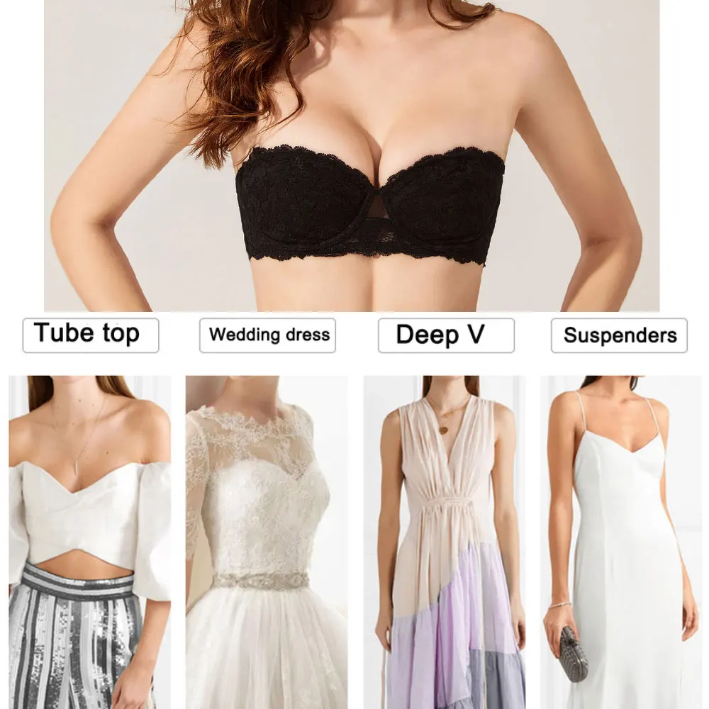 Strapless Bra Sexy Lace Push Up Bras Tube Top 1/2 Cup Bralette Women Floral Wedding Brassiere One Piece Underwear Biustonosze