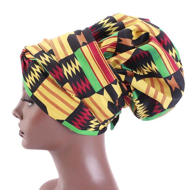 

African Print Satin Bonnet With Long Ribbon Wrap Double Layer Headwrap Ankara Pattern Women Hair Cover Large Size Hair Wrap Cap