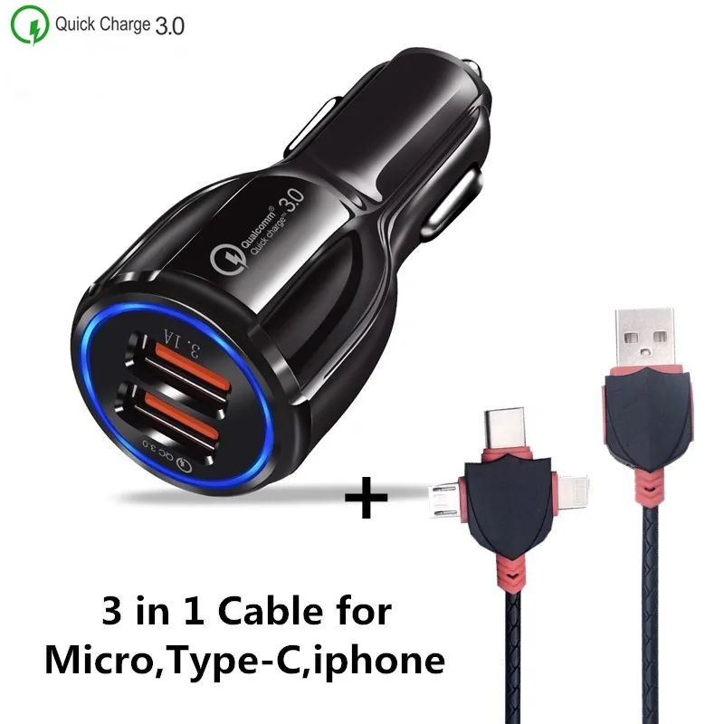 3 порта USB зарядное устройство 3.1A автомобильное зарядное устройство для мобильного телефона быстрое зарядное устройство адаптер для iphone huawei samsung Quick charger 3,0 - Тип штекера: Black 2USB and Cable