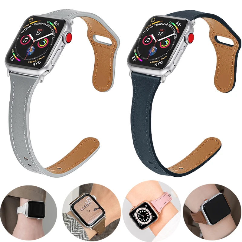 

Ремешок из натуральной кожи для apple watch band 6 se 5 4 3, тонкий женский браслет, 44 мм 42 мм 40 мм 38 мм