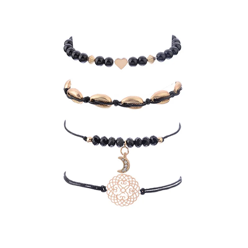 4pcs/Set Heart Shell Bead Chain Bracelet Women Boho Moon Pendant Adjustable Charm Gifts For Friends Jewelry Femme | Украшения и