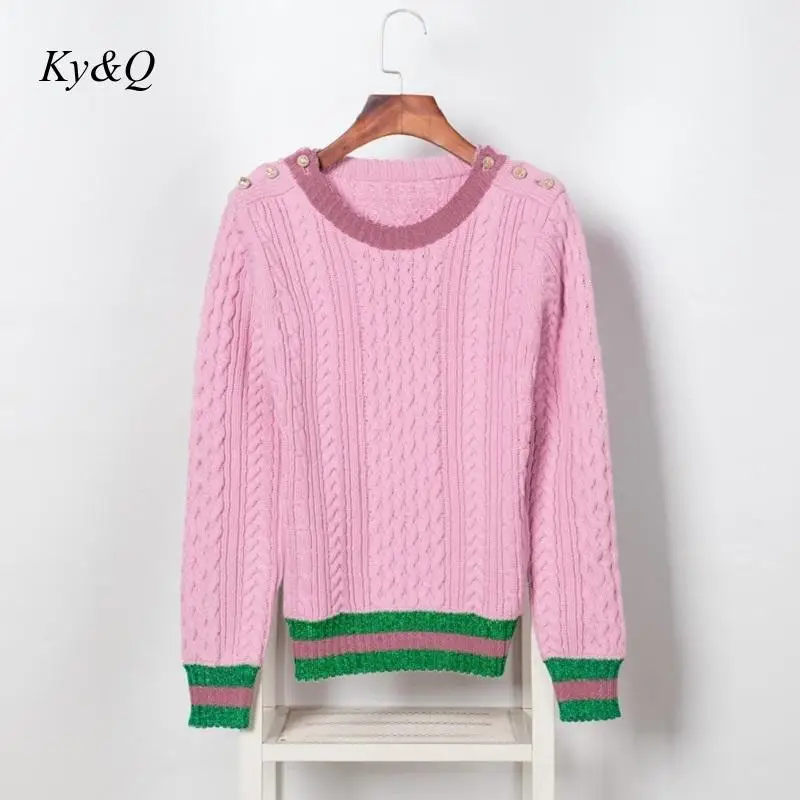 Женский пуловер с жемчужинами розовый вязаный джемпер в полоску на пуговицах