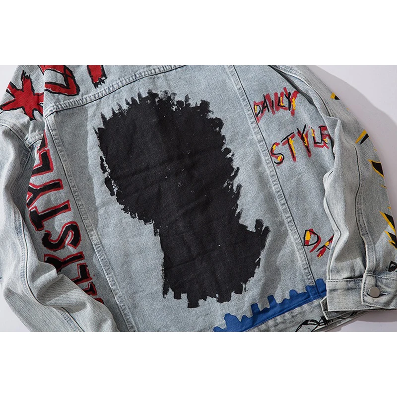 

Hip Hop letter Graffiti Cartoon Ripped Denim Jackets Mens Casual Distressed Jeans Jacket Coat Streetwear Fashion Male Clothing