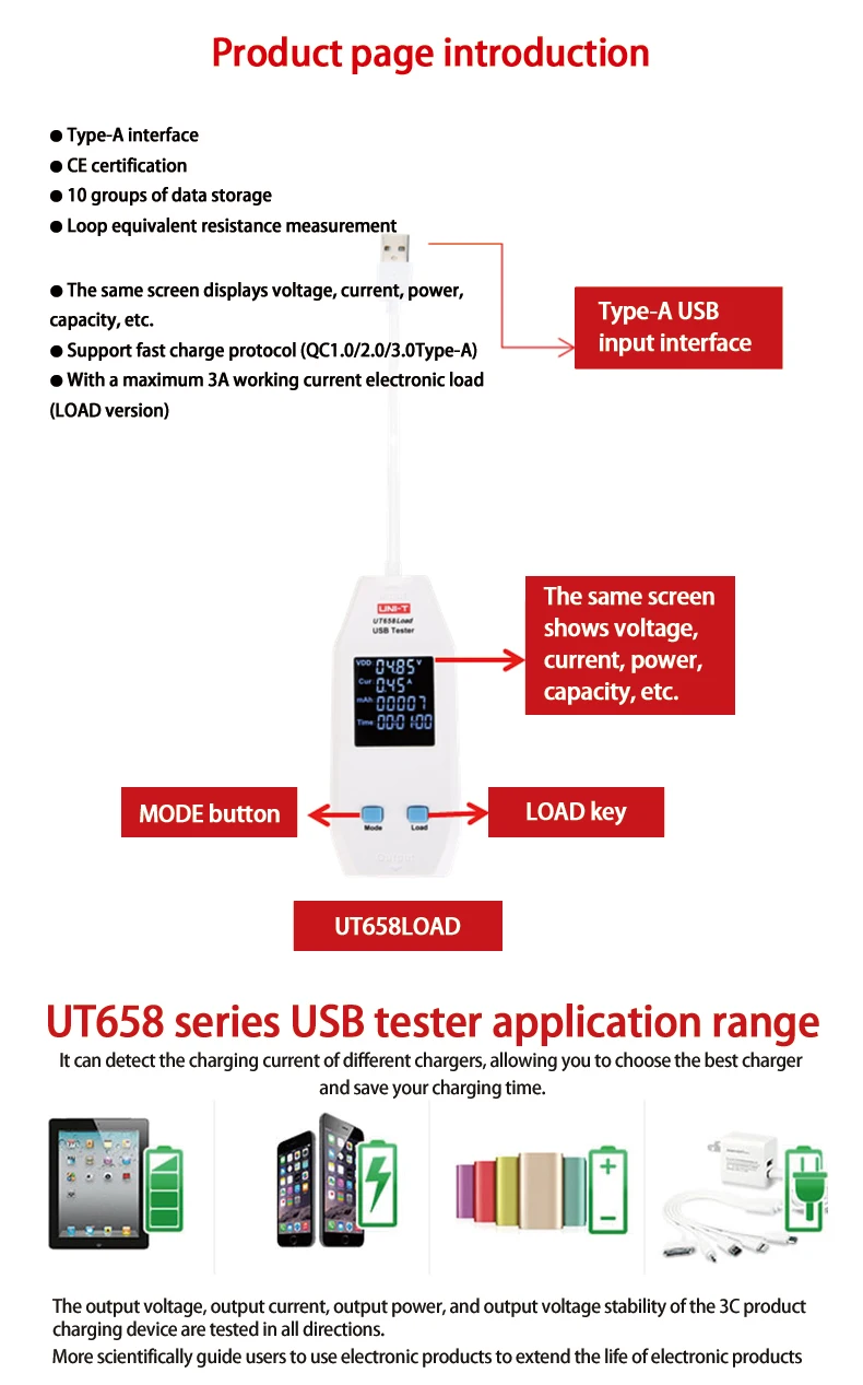 UNI-T электрический USB тестер напряжения безопасности Вольтметр Амперметр зарядное устройство измеритель емкости вольт ток доктор UT658A UT658B UT658D