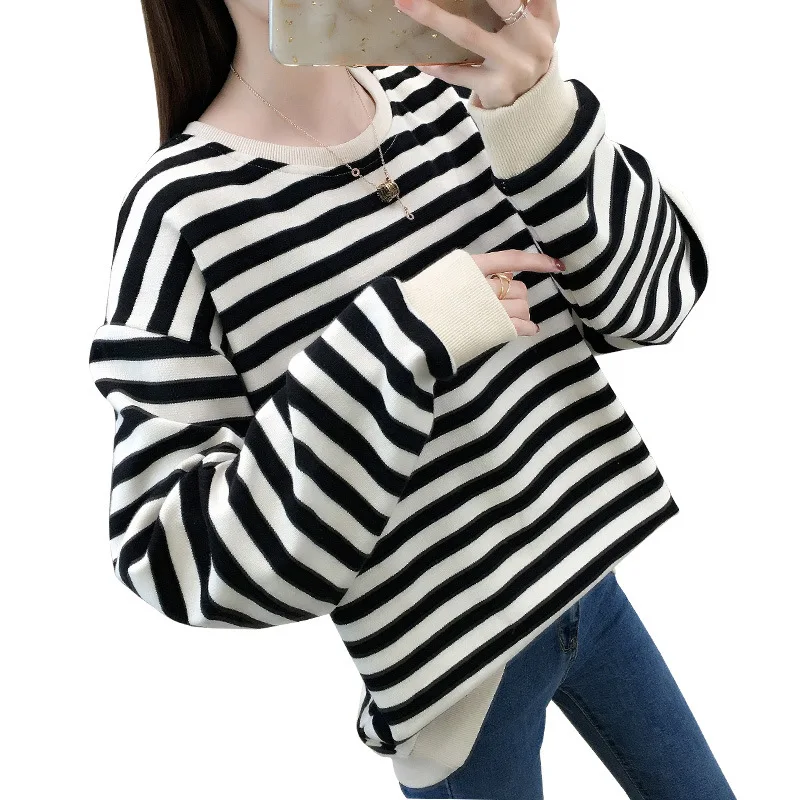 

Autumn Sweatshirts Casual Striped O-Neck Stripe Pullover Loose Hoodies Women Long Sleeve Oversize Top Jumper Hip Hop Streetwear