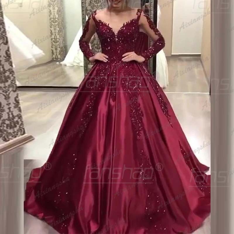 Женское вечернее платье с блестками Fanshao бордовое Прозрачное круглым вырезом и