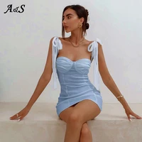 solid color lady dress sexy backless mini bodycon dress summer women streetwear ruched bow lace up straps female party outfits