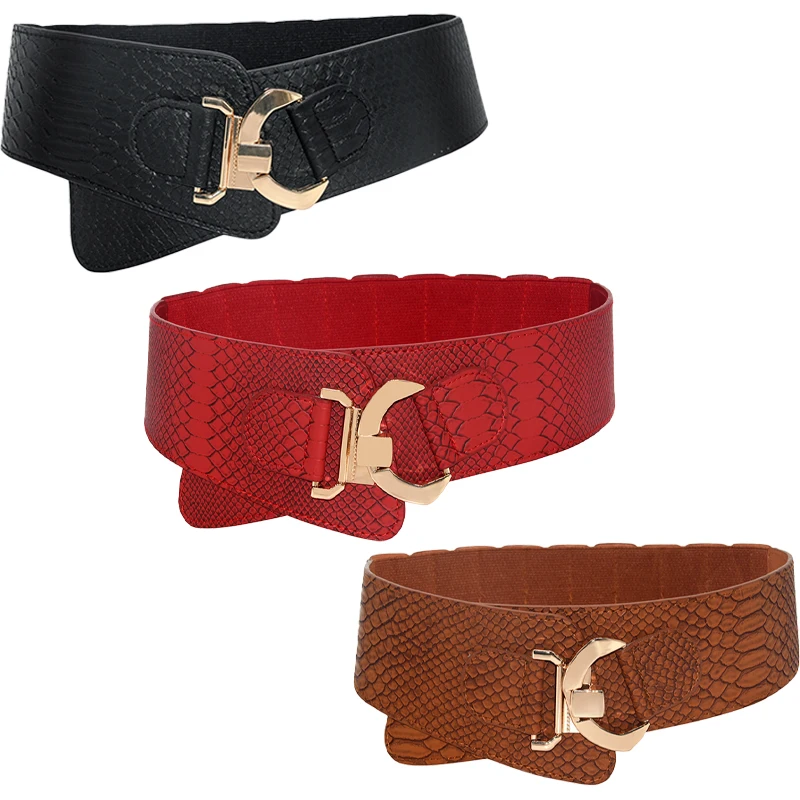 

New Lady Women Elastic Waistband Wide Waist Belt Retro Metal Buckle Faux Leather Black Red Brown cinturones para mujer