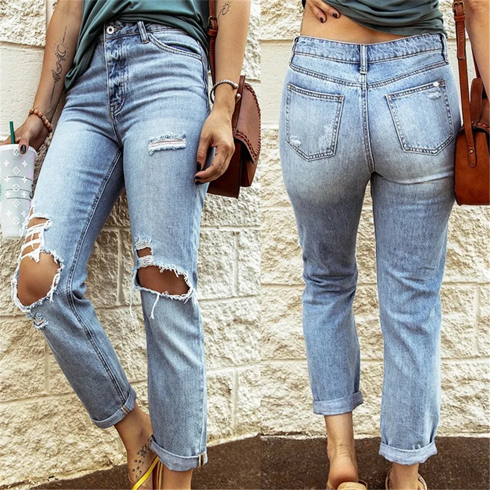

Jeans ripped jeans ladies high waist jeans ladies casual jeans cuffed jeans ladies hot-selling jeans loose wide-leg pants