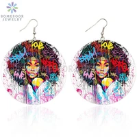 somesoor afro dope natural hair arts painted wooden drop earrings african black queen graffiti loops jewelry for women gifts