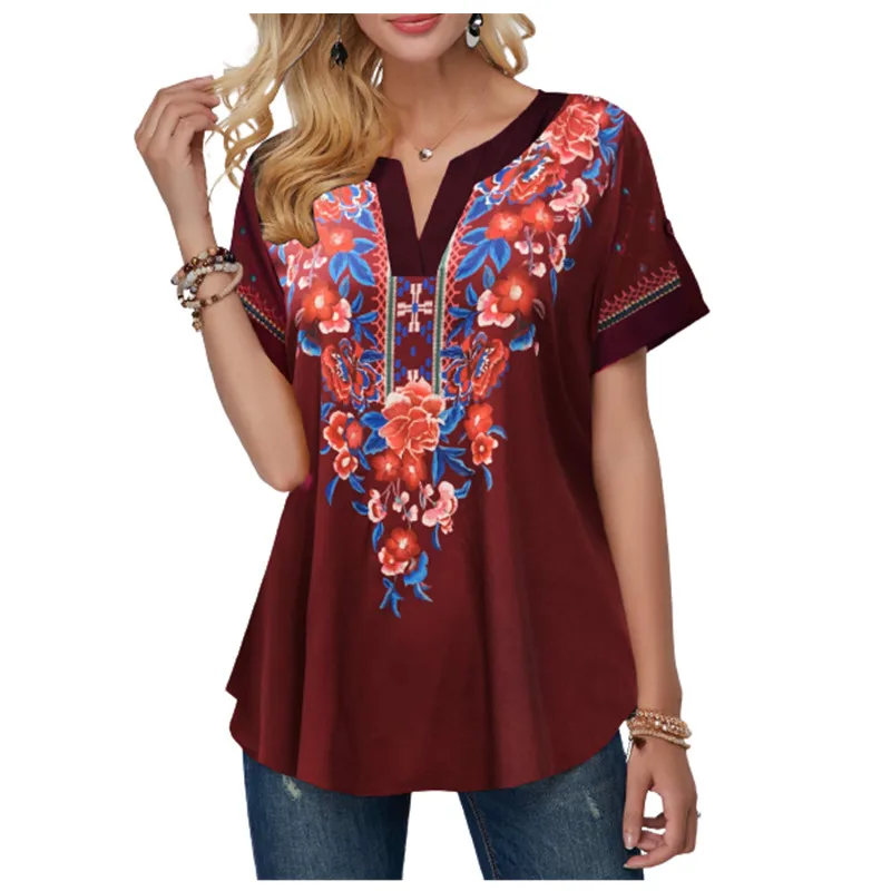 

S-5XL Plus Size Women Blouses Short Sleeve Floral Printed Shirt Casual Split V-Neck Loose Ladies Tops Summer 2021 New Large Size