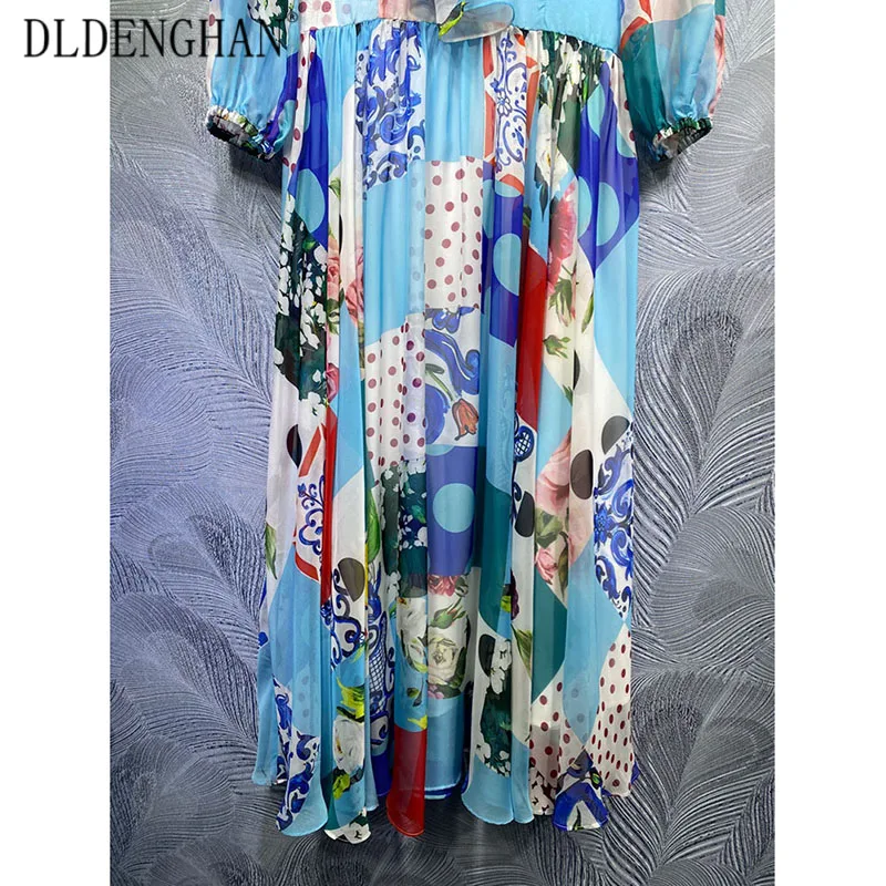 

DLDENGHAN Fashion Floral-Print Chiffon Dress Bow Collar Long Sleeve Vacation Dresses Designer Spring New