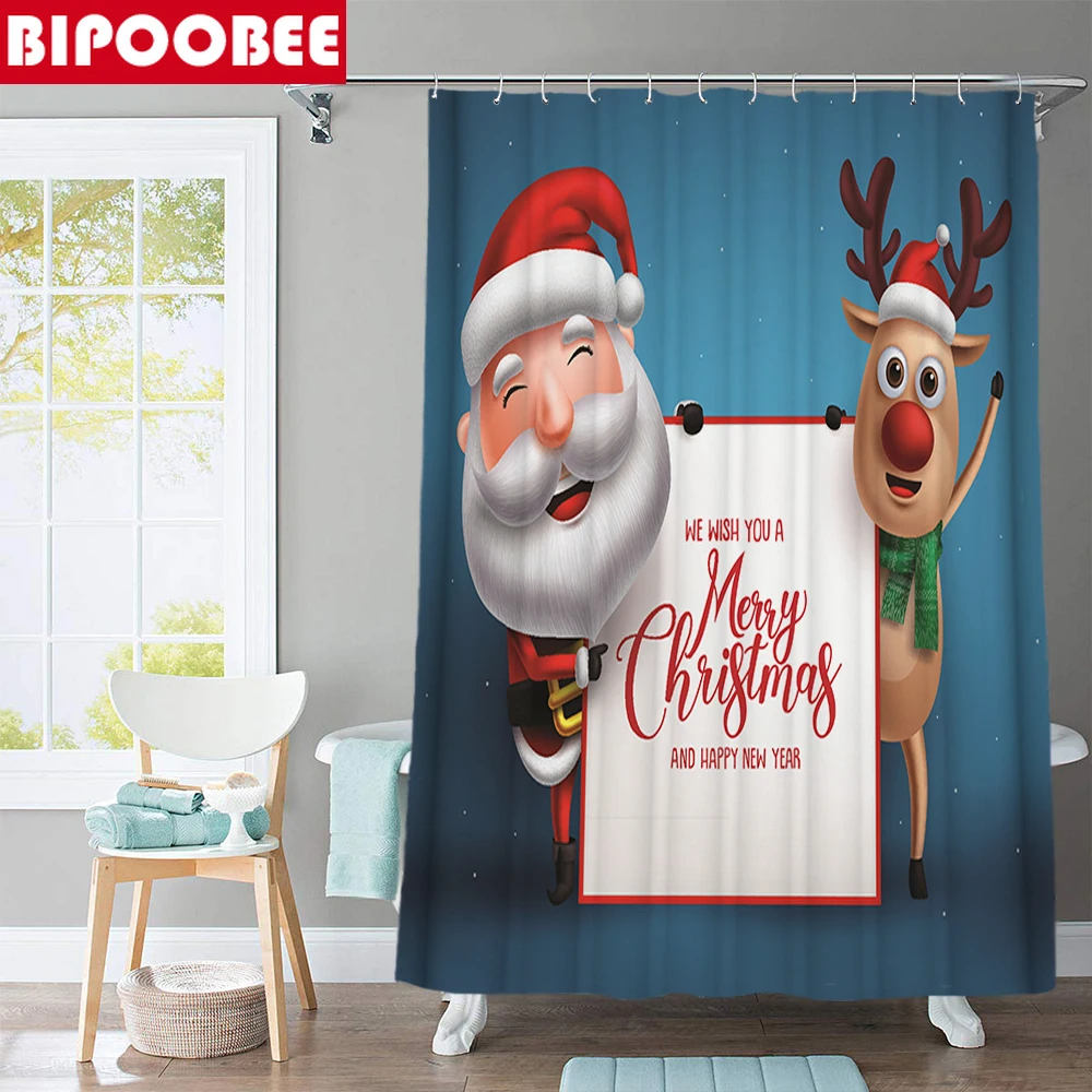 Занавеска для душа с принтом Санта-Клауса и лося Рождественская занавеска ванной