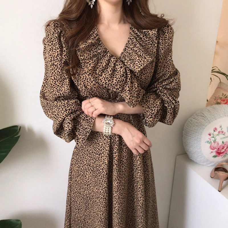 Gaganight леопардовое женское платье с оборками длинным рукавом и V-образным вырезом