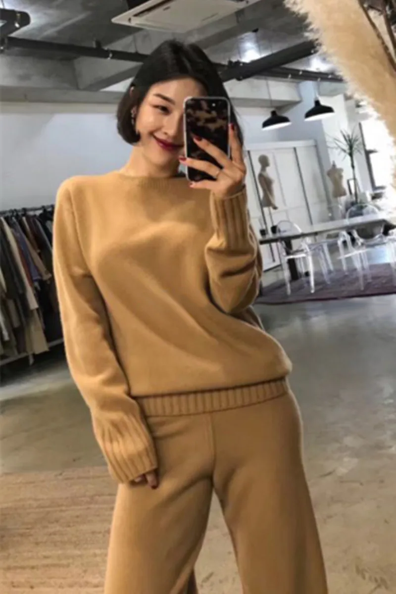 

Cashmere Suit Women's Knit Wide-leg Pants And Loose Lazy Thick Round Neck Sweater 2020 Rushed Full New Warm Women Two-piece