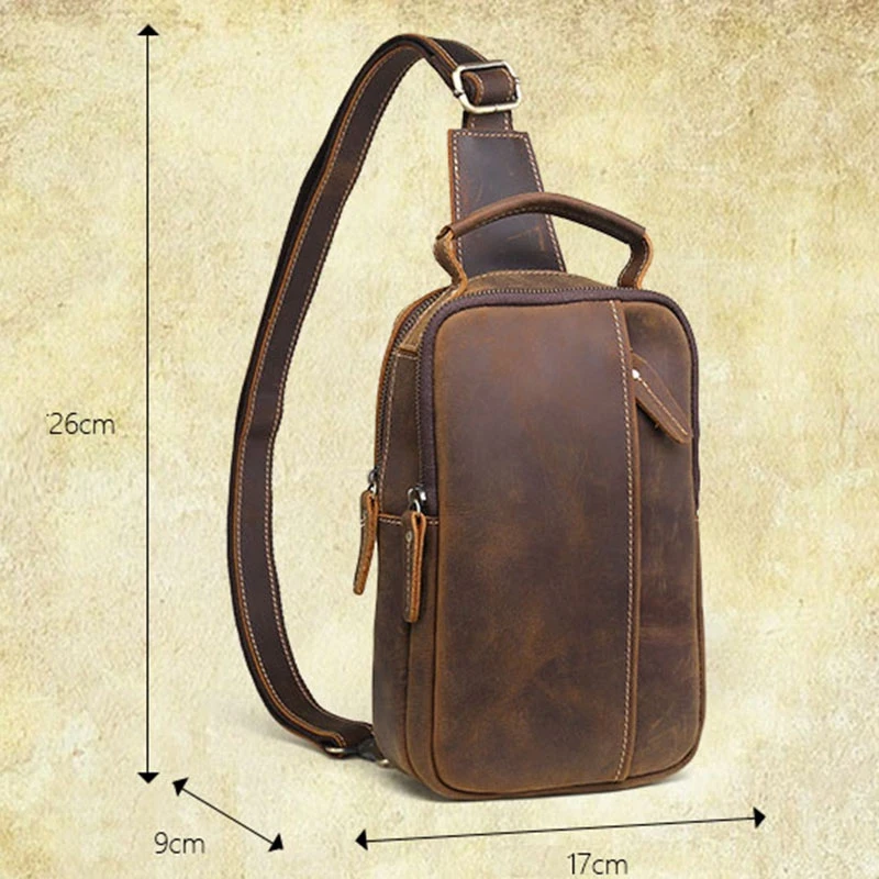 Hand-Made Crazy Horse Genuine Leather Casual Sling Chest Pack Men Crossbody Shoulder Bag Men'S Cowhide Messenger |