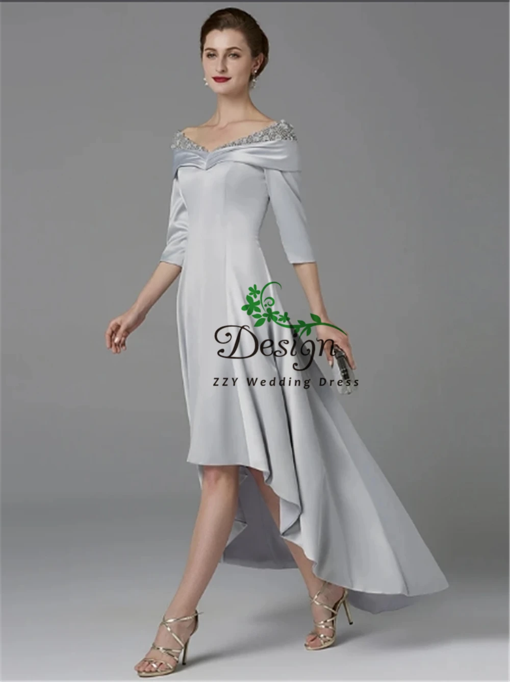 

Silver Satin 3/4 Sleeves Pearls Beading Flowers High-Low Asymmentric Custom-Made vestido de noiva vestido de festa longo para ma