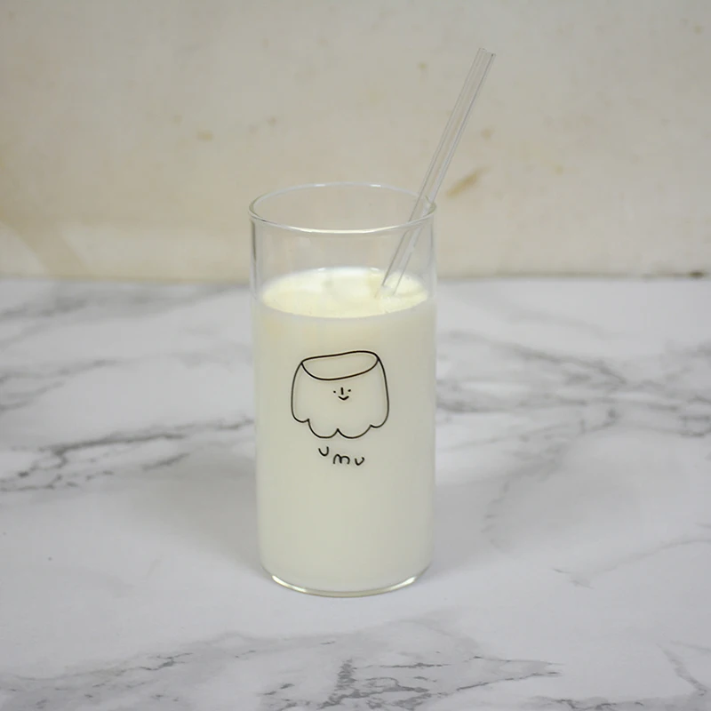 400ml Korean Printed Transparent Glass Coffee Tea Drinks Dessert Breakfast Cup Small Fresh Milk Juice Cold Water With Straw | Дом и сад