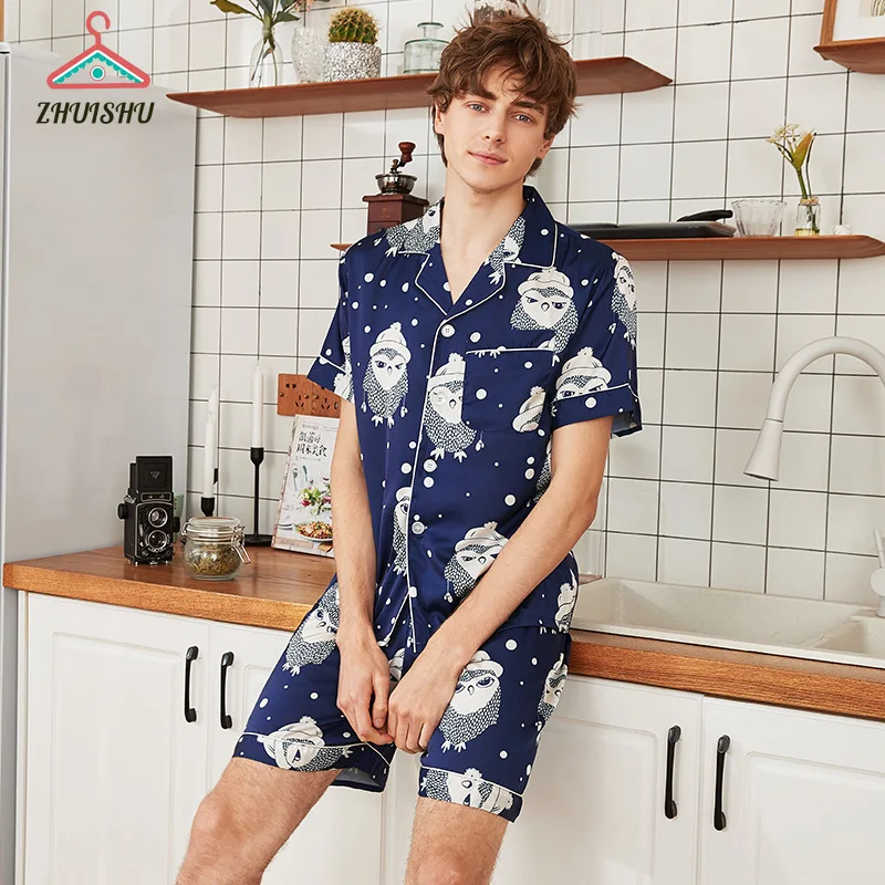 

ZHUISHU 2PCS Nightwear Black Print Pajamas for Men's Short Sleeve Two Piece Set Soft Short Sleeve Shirt Style with Button R80