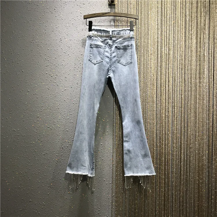 Женские джинсы с высокой талией Блестящие Брюки бахромой новые весенние