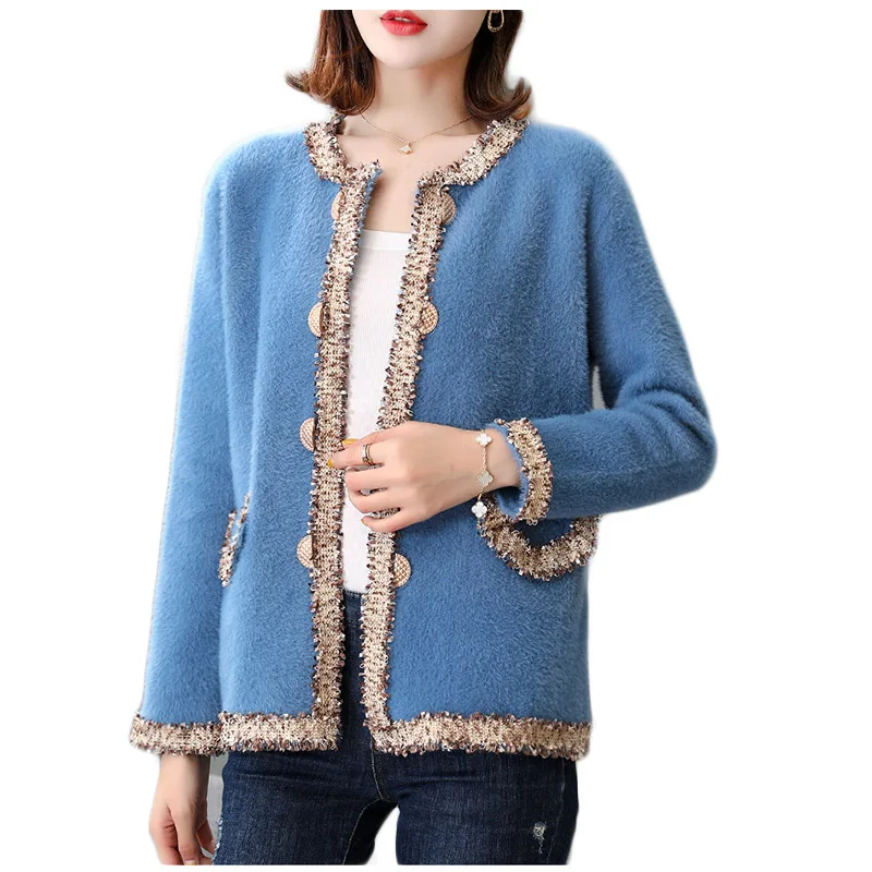 

2019 Fashion Knitted Spring Cardigan Open Stitch Blue Long Sleeve Short Cardigans Sweater Women Outwear Female Kniting Coat