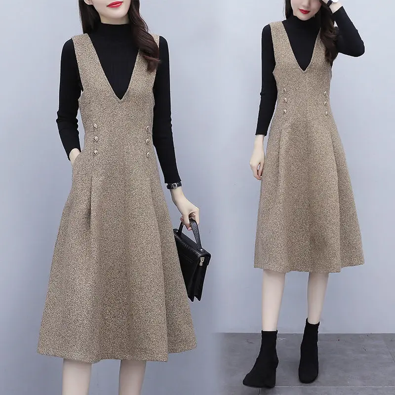 

Elegant Women Sets 2022 Autumn Winter Clothing Set Long Sleeve Sweaters Tops and Dress Suit High Street Two Pieces Sets X1000