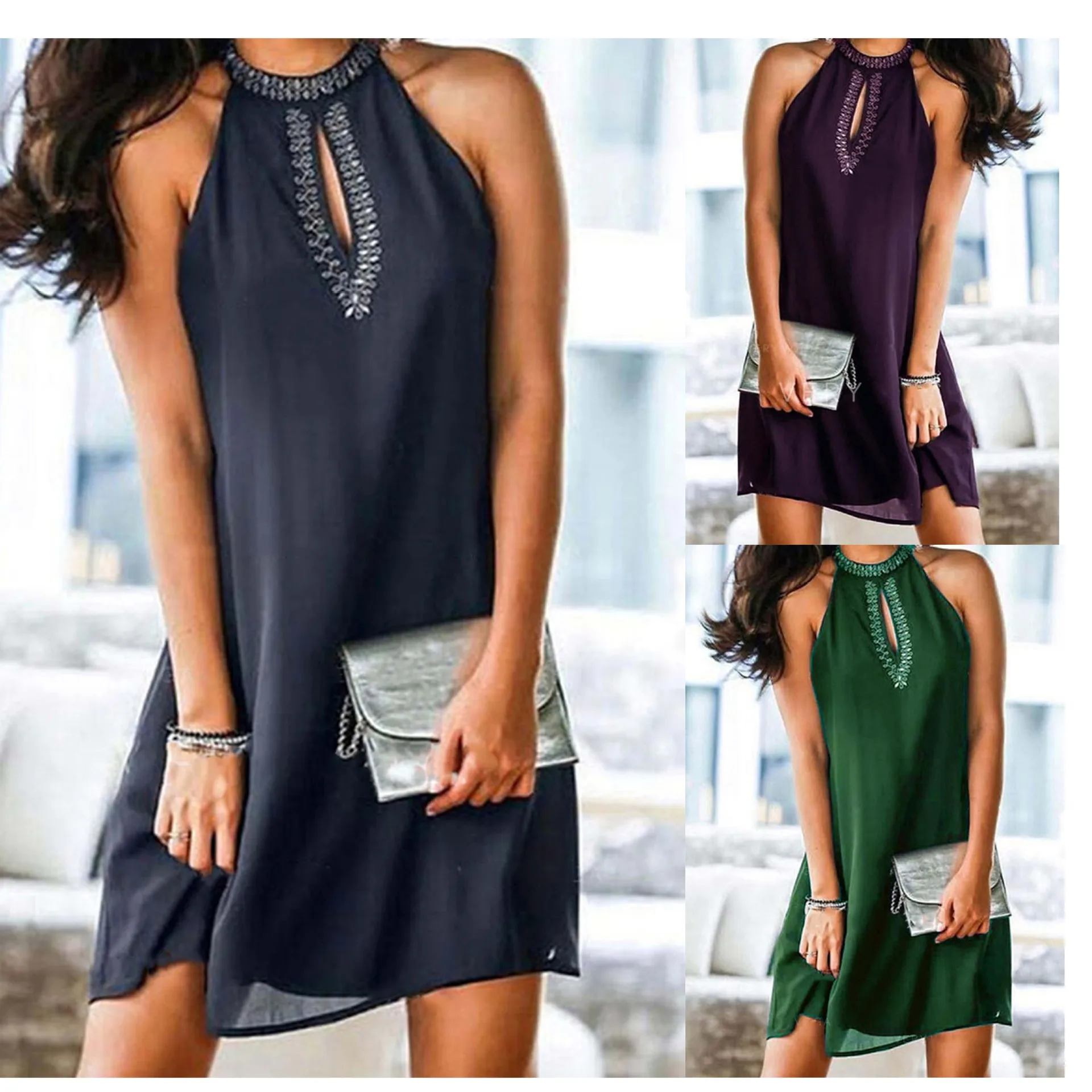 

Платье женское Шифоновое без рукавов, ажурное свободное мини-платье-трапеция в богемном стиле, вечерние одежда, на лето