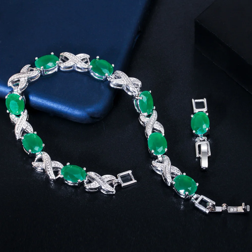 

ThreeGraces Elegant Green Oval Cubic Zirconia Crystal Cross Link Chain Bracelets for Women Silver Color Costume Jewelry BR114
